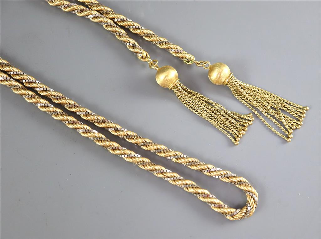 A 1970s 18ct. two colour gold ropetwist sautoir necklace,